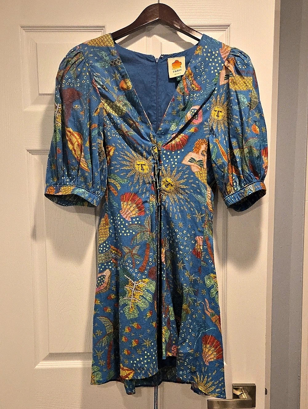 Farm Rio V-Neck Mermaid Mini Dress in Blue & Multicolor Size Medium